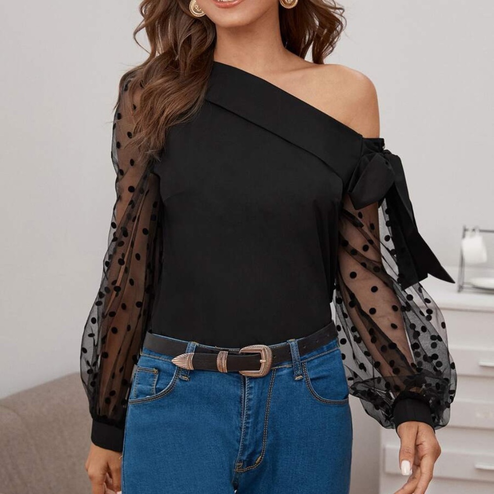 Classic Black One Shoulder Polka Dot Sheer Sleeve Blouse - Picture 2 of 4